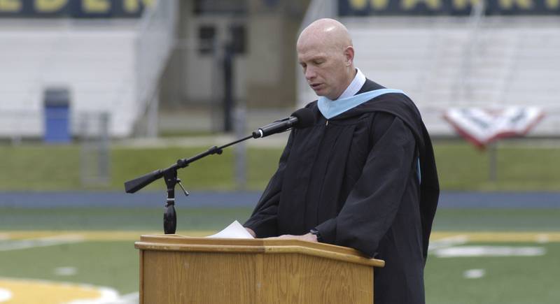 SHS Principal Jason Austin addresses the crowd Sunday, May 17, at the Sterling High School Class of 2026 Commencement Ceremony at Roscoe Eades Field in Sterling.