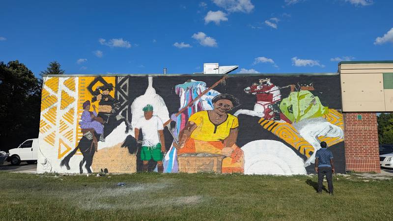 Uprizn Ikpemi, 40, of South Holland, a Nigerian-born American visual artist, muralist and art teacher, gazes on his mural on Monday, June 23, 2025, at 3109 Theodore St. in Joliet. The owner of the future O’Larry Asun Spot, a halal restaurant that will feature West African dishes, hired Ikpemi to paint the mural on the side of the restaurant.