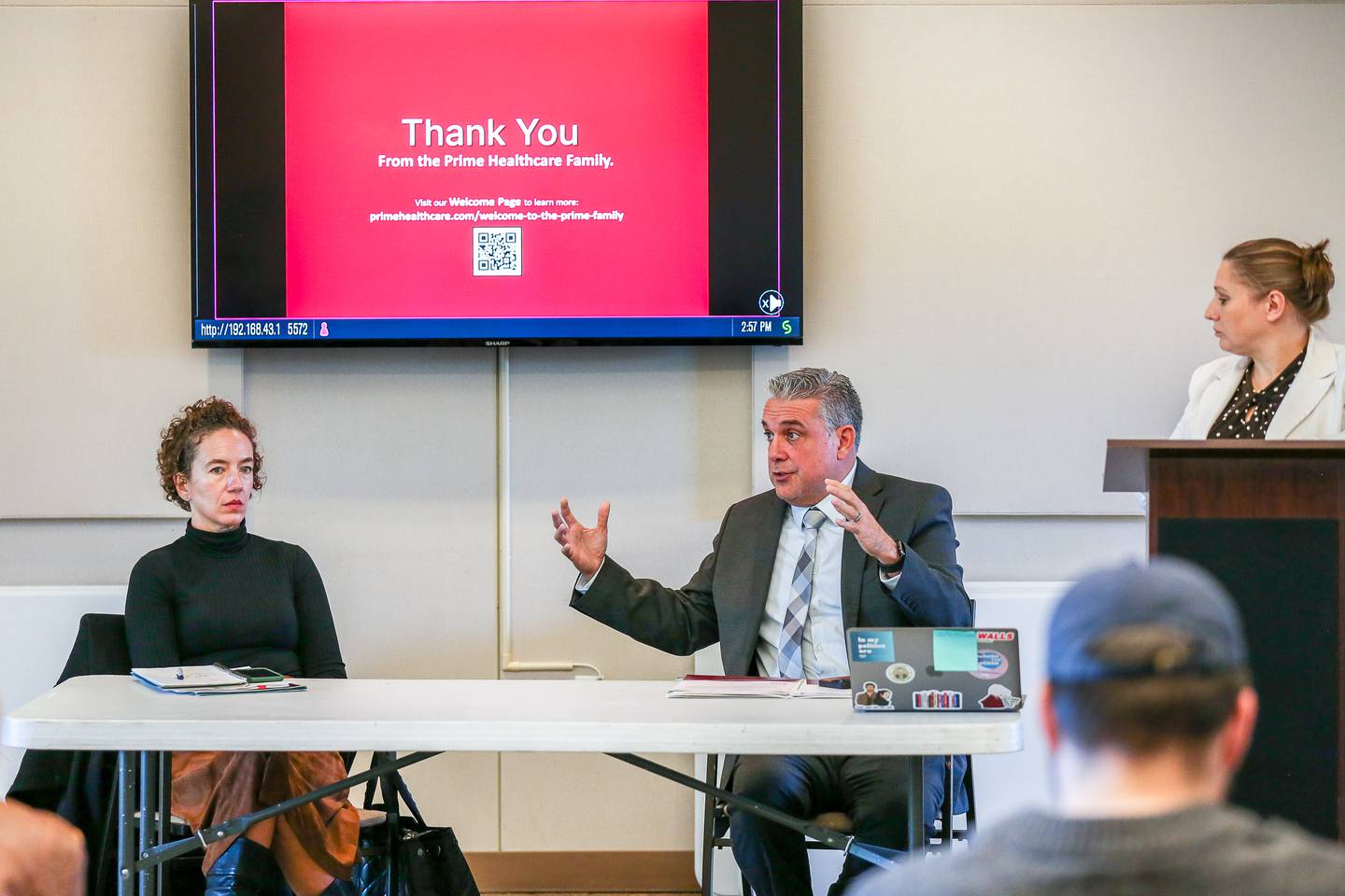 Fred Ortega, Senior Director of Government Relations for Prime HealthCare answers a question at the Community Town Hall to discuss Prime HealthCare's acquisition of Saint Joseph Hospital. Oct 16, 2024 in Joliet.