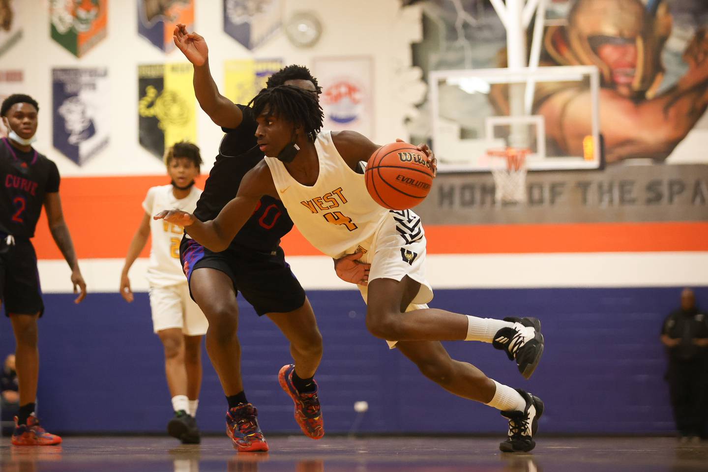 Joliet West's Toby Onyekonwu drives to the basket against Curie. Saturday, Jan. 15, 2022 in Romeoville.