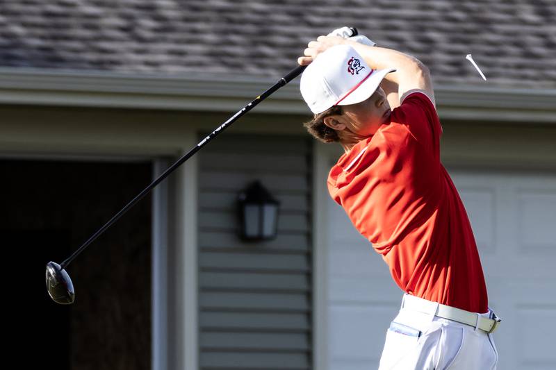 Lincoln-Way Central’s Brody Wall tees off at the first hole during the IHSA Boys’ Class 3A Sectional at Wedgewood Golf Course in Plainfield on Oct. 6, 2025.