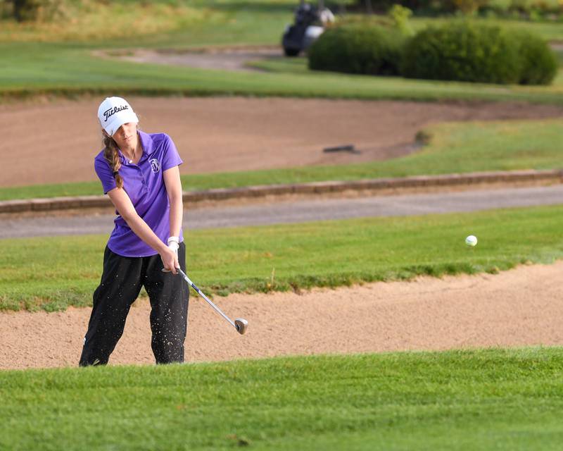 Leah Duensing of Joliet Township hits out of the sand trap during the Southwest Prairie conference meet on Wednesday Sept. 24, 2025, held at Blackberry Oaks Golf course in Bristal.