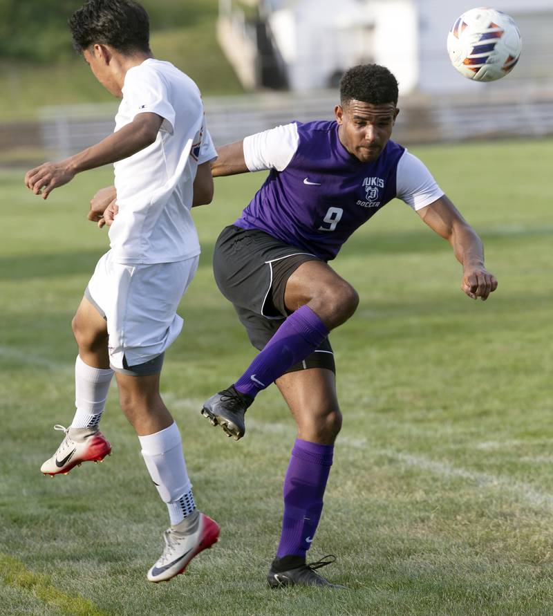 Dixon’s Quintynn Sarver handles the ball against Genoa-Kingston Tuesday, Sept. 2, 2025.