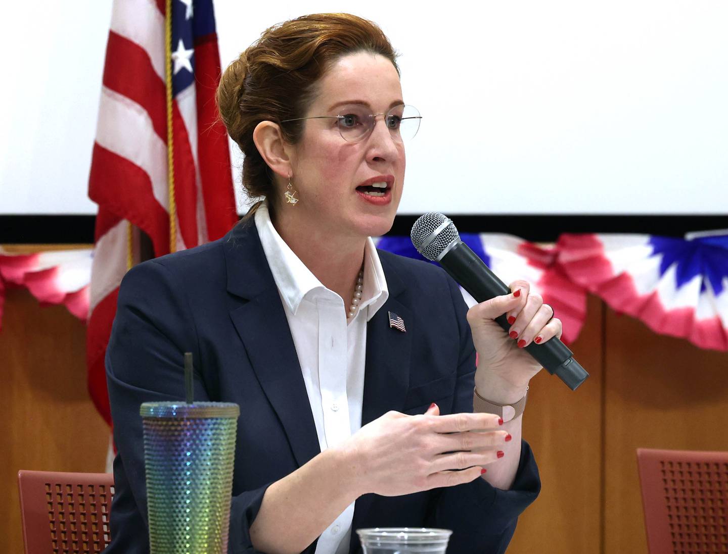 Democratic candidate Carolyn Zasada, who is vying for the nomination for the 76th district seat in the Illinois House of Representatives, answers a question Saturday, Feb. 3, 2024, in a meet the candidates forum at the DeKalb Public Library. Democratic candidates Amy Murri Briel and Cohen Barnes also spoke at the event organized by DeKalb Stands and co-sponsored by the DeKalb County Democrats.