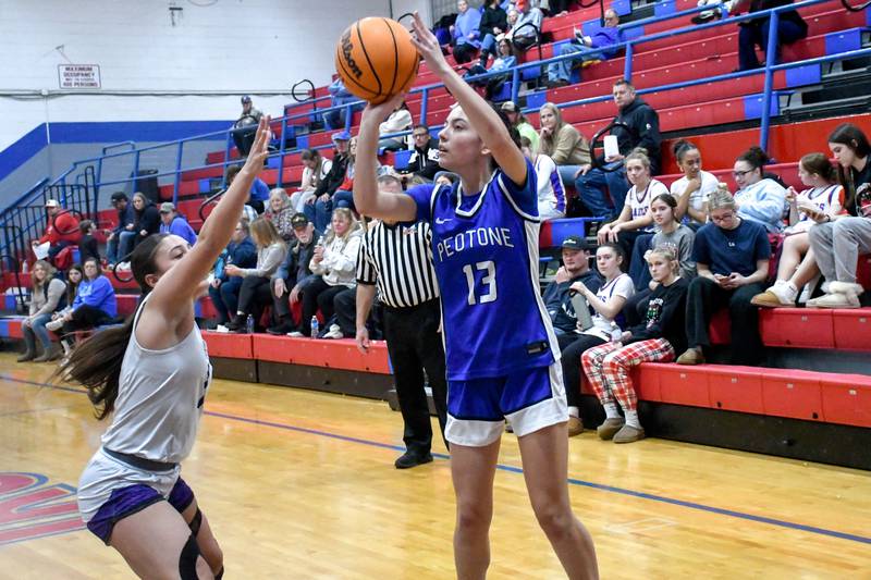 Peotone's Callie Weiss shoots a jumpshot while Wilmington's Madisyn Rossow guards during Peotone's 35-32 victory over Wilmington in the Iroquois West Holiday Tournament on Wednesday, December 17, 2025.