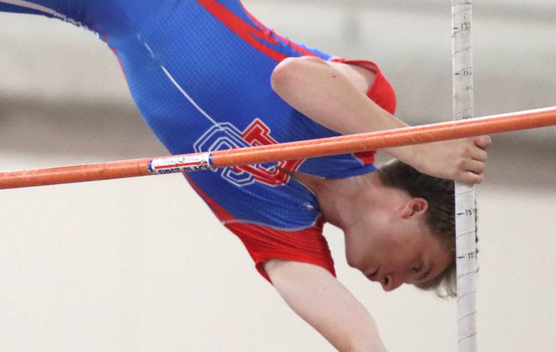 Dundee-Crown’s Rylan Schmidt clears the bar in the pole vault in Fox Valley Conference boys track and field meet action at Huntley High School in Huntley on Thursday, May 15, 2025.