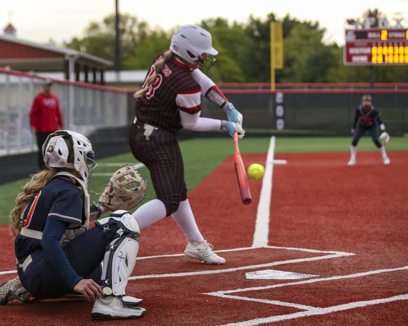 Yorkville's Ellie Fox (13) connects on a pitch during softball game between Oswego at Yorkville. May 5, 2026 in Yorkville.