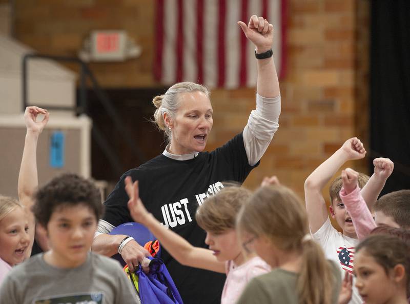Parkview Christian coach Kayla Linden leads a gym class at the lower campus in Yorkville on Wednesday, April 13, 2022.