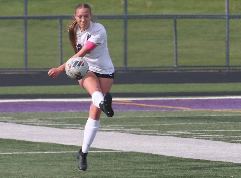 Dixon's Makenzie Toms kicks the ball down to Mendota territory on Wednesday, May 1, 2024 at Mendota High School.