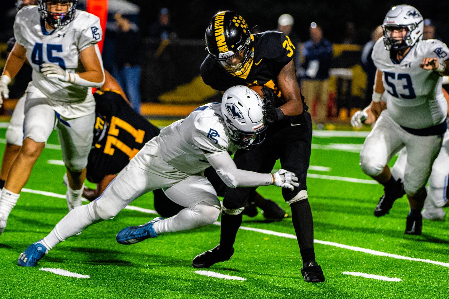 Plainfield South's Chase Pierceall takes down Joliet West's Taivaughn Johnson During a game on Friday Sept. 29, 2023 at Joliet West High School in Joliet