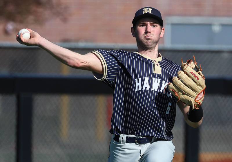 Hiawatha's Aidan Cooper throws the ball across the diamond during their game against South Beloit Thursday, April 16, 2026, at Northern Illinois University in DeKalb.