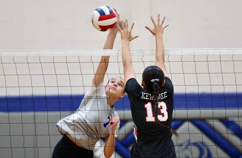 Princeton's Kathy Maciczek takes aim on Kewanee's Damaria Diaz at Prouty Gym. The Tigresses won 25-8, 25-22.