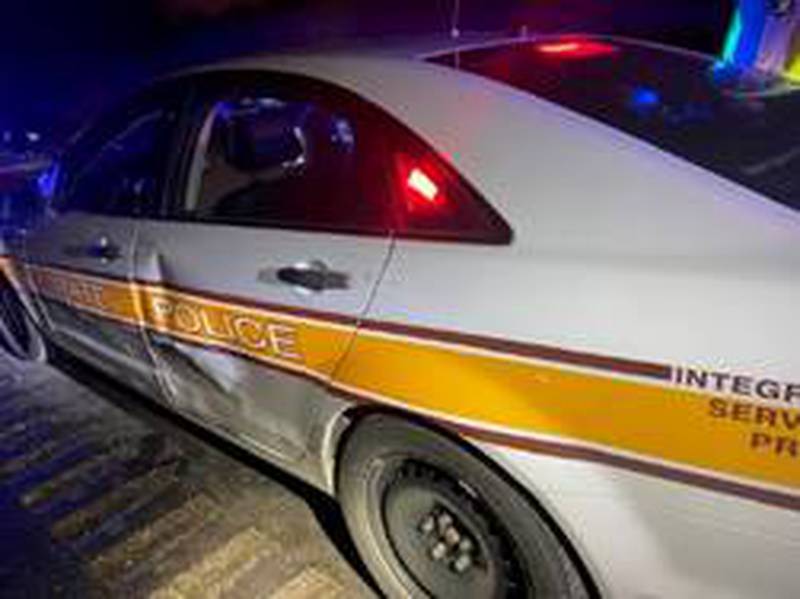 An Illinois State Police trooper's vehicle that was damaged in a crash on Thursday, Jan. 26, 2023, on Interstate 55 in Will County, according to Illinois State Police.