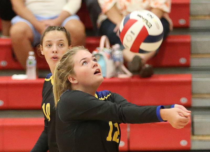 Somonauk's Riley Snider returns a serve from Earlville as teammate Aubrey Chiavario waits for the assist on Tuesday, Aug. 29, 2023 at Earlville High School.