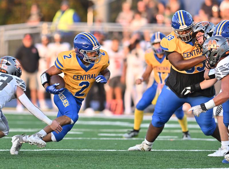 Joliet Central's Christian Smith runs the ball during a non-conference game against Minooka on Friday, Sep 13, 2024 at Joliet. (Dean Reid for Shaw Local News Network)