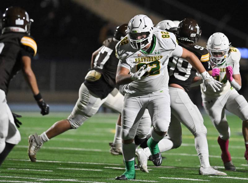 Providence Catholic's Ben Coleman (82) in action during the conference game against Joliet Catholic on Friday, OCT. 24, 2025, at Joliet.