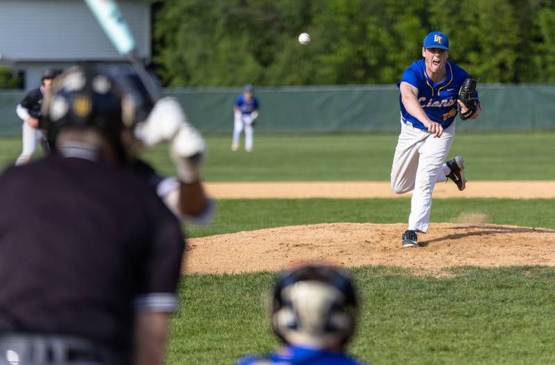 Lyons Township pitcher Tucker King pitches during a game between Downers Grove North in Downers Grove on Monday, May 12, 2025.
