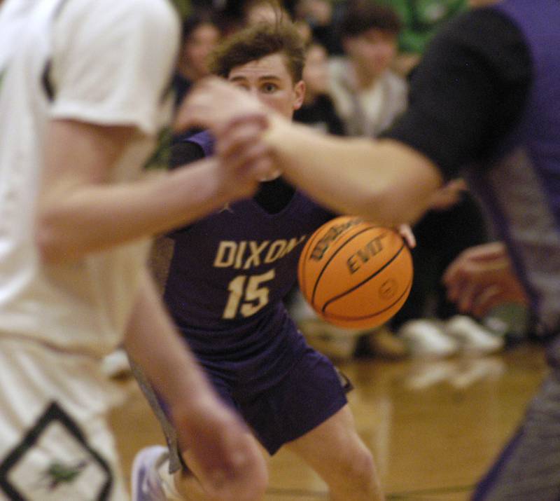Dixon's Jimi Gosinski dribbles the ball up court. The Rock Falls Rockets hosted the Dixon Dukes in a Conference basketball game. The game was held at Forest Tabor gym in Rock Falls on Friday, February 13, 2026
