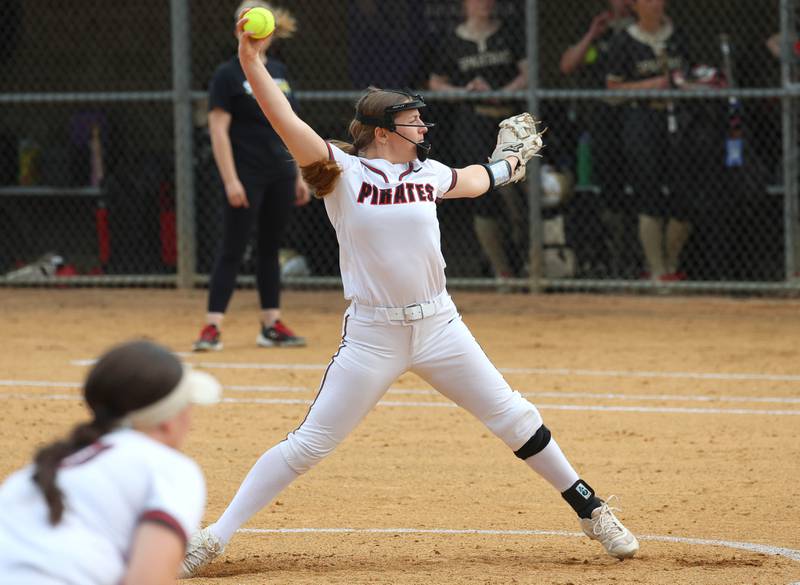 Ottawa's Addie Russell delivers a pitch Friday, April 17, 2026, during thier game at Sycamore High School.