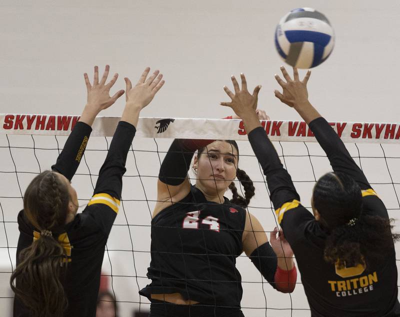 Sauk Valley’s Maggie Richetta spikes against Triton College Wednesday, Nov. 5, 2025, during the Regional IV tournament.