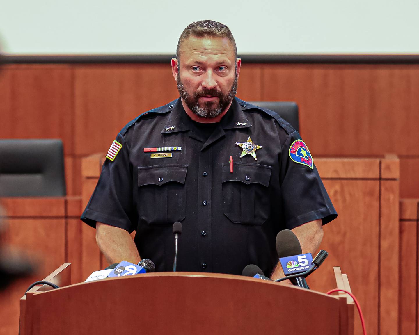 Romeoville Deputy Police Chief Chief Chris Burne addresses the media at the Press Conference held at the Romeoville Police station.  Sept 20, 2023