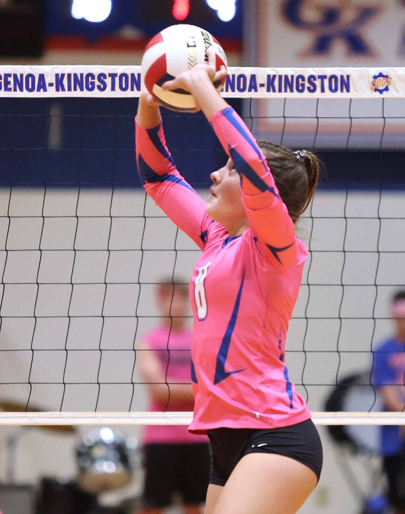 Genoa-Kingston's Alivia Keegan sets the ball the ball during their Volley for the Cure match against Oregon Wednesday, Sept. 21, 2022, at Genoa-Kingston High School.