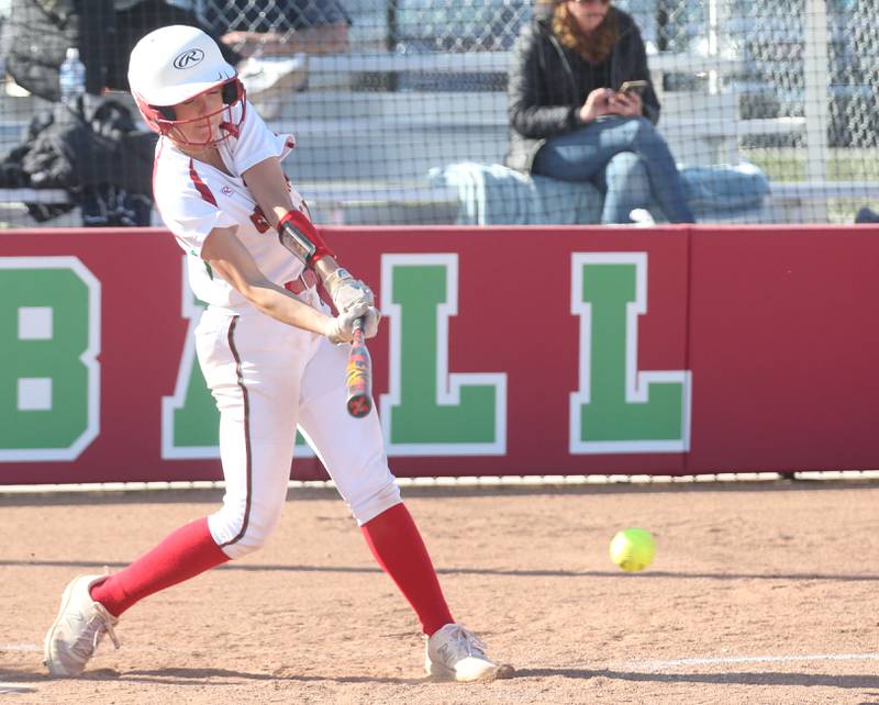 L-P's Ava Lambert makes contact with the ball against Kaneland on Wednesday, April 2024 at the L-P Athletic Complex in La Salle.