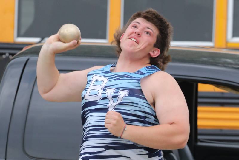 Bureau Valley's Jon Dybek throws the shot put in Friday's TRAC Meet at Princeton.