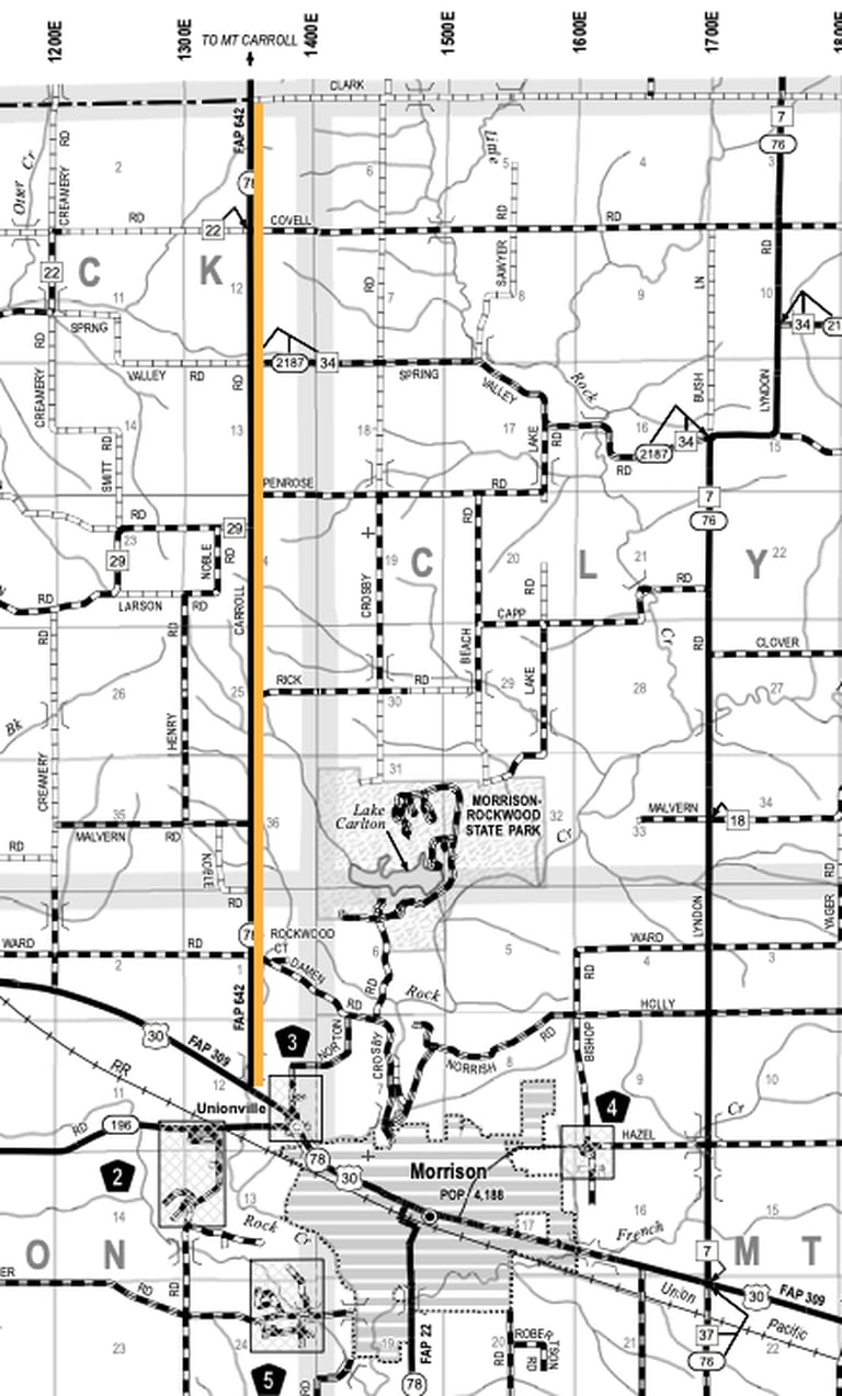 Construction zone shown in orange for planned 30-day closure of work zone along Illinois Route 30 in Whiteside County.