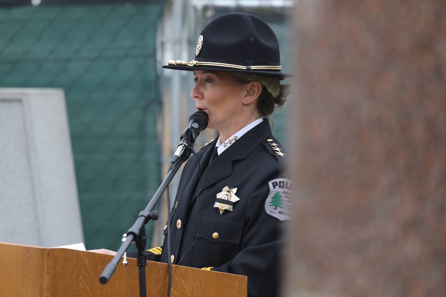 Forest Preserve District of Will County Police Chief Tracy Chapman shares some opening remarks during the Will County Law Enforcement Memorial ceremony on Thursday, May 9, 2024 in downtown Joliet.