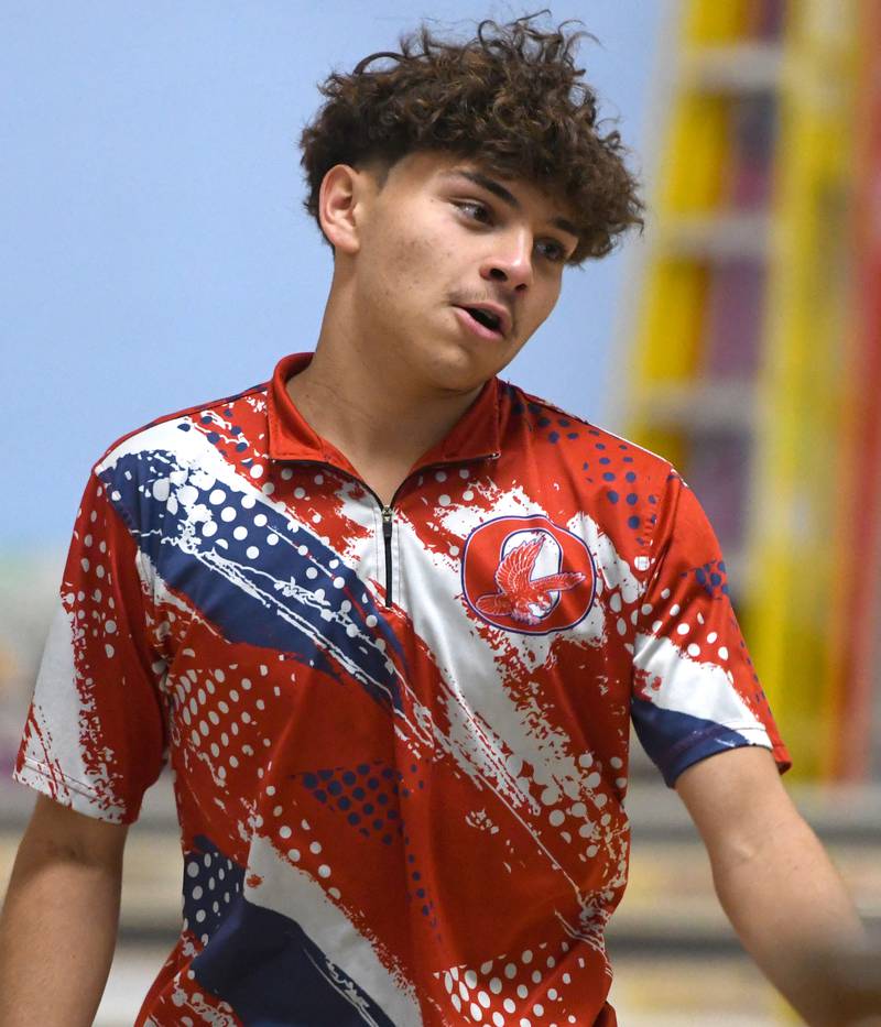 Oregon's Ivan Hernandez reacts after a making a spare during a match with Harvard at Town & Country Lanes in Mt. Morris on Friday, Dec. 19, 2025.