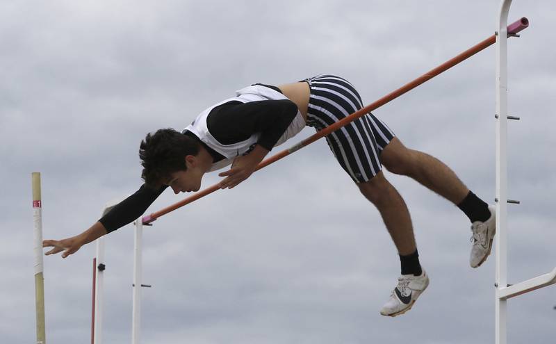 Kaneland’s Kyle Rogers competes in the pole vault during the Huntley IHSA Class 3A Boys Sectional Track and Field Meet on Thursday, May 22, 2025, at Huntley High School.