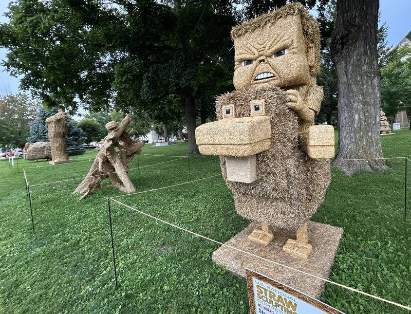 The four entries in the 2025 U.S. National Straw Sculpting Competition are displayed on the Campus lawn in downtown Mt. Morris.