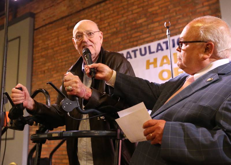 Larry Corrigan is interviewed by Rick Sipovic during the Shaw Media Illinois Valley Sports Hall of Fame on Thursday, June 8, 2023 at the Auditorium Ballroom in La Salle. Corrigan was a 1968 Mendota High School graduate who played baseball at Iowa State. Corrigan was drafted by the LA Dodgers in the fourth round of the 1972 MLB Draft and played six minor league seasons for the Dodgers and Minnesota Twins.