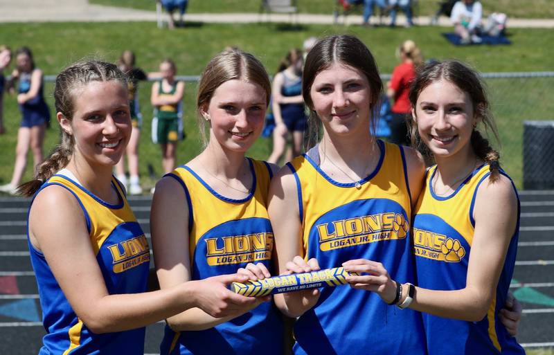 Princeton Logan 8th grade girls' 4x400 relay of Eva Kyle (from left) Payton Frueh, Addison Dever and Ruby Acker won the Bureau County Junior High School track meet.