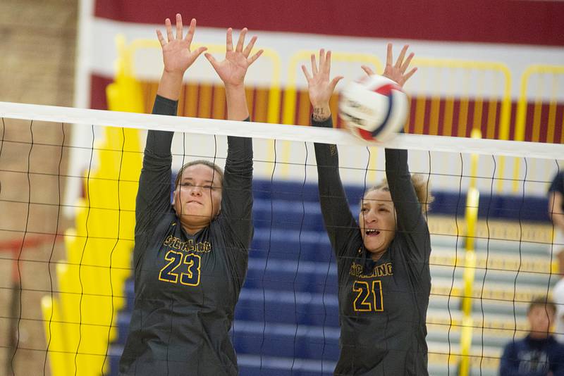 Sterling’s Sienna Stingley and Sterling’s Kirra Gibson go up for a block Thursday, Sept. 1, 2022 against Moline.