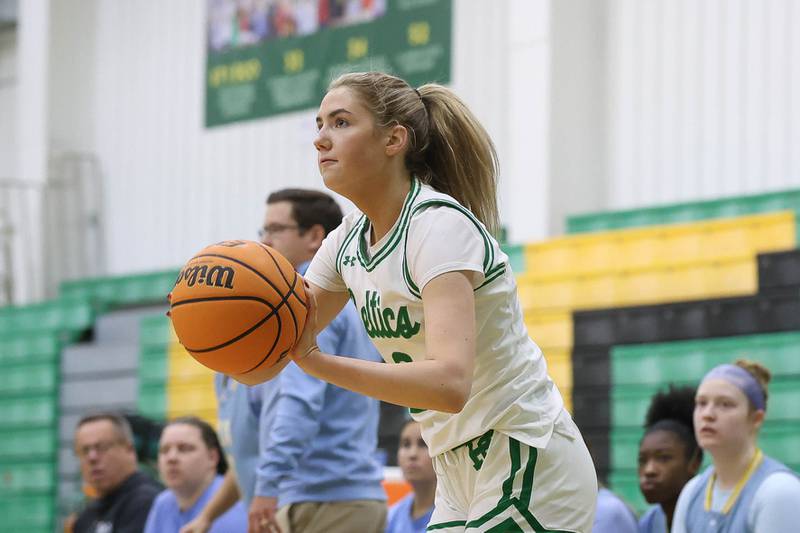 Providence’s Eilish Raines lines up the outside shot against Joliet Catholic on Saturday, Dec. 5, 2025 in New Lenox.