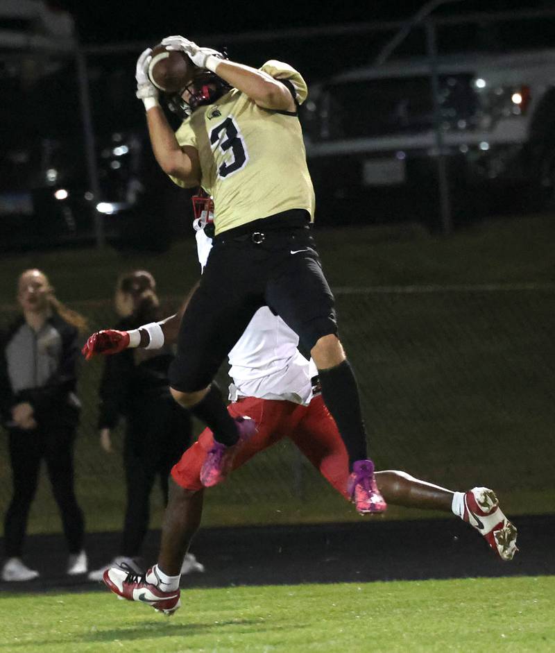 Sycamore's Carter York comes up with an interception during their game against Cahokia Friday, Oct. 25, 2024, at Sycamore High School.
