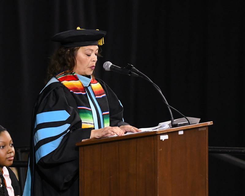 DeKalb School District 428 Superintendent Minerva Garcia-Sanchez gives a commencement address on Saturday, May 23, 2026, during the graduation ceremony held at the Convocation Center in DeKalb.