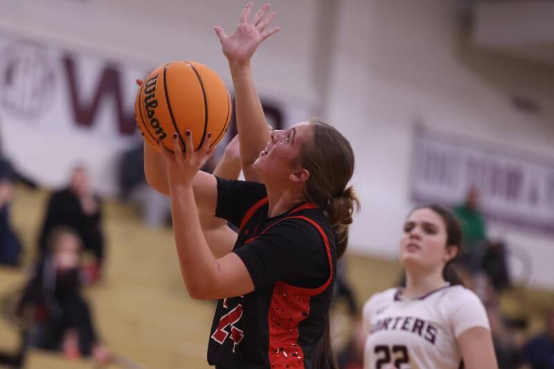 Bradley-Bourbonnais’ Morgan Reddyshow takes a shot under the basket against Lockport on Thursday, Jan 16, 2025 in Lockport.