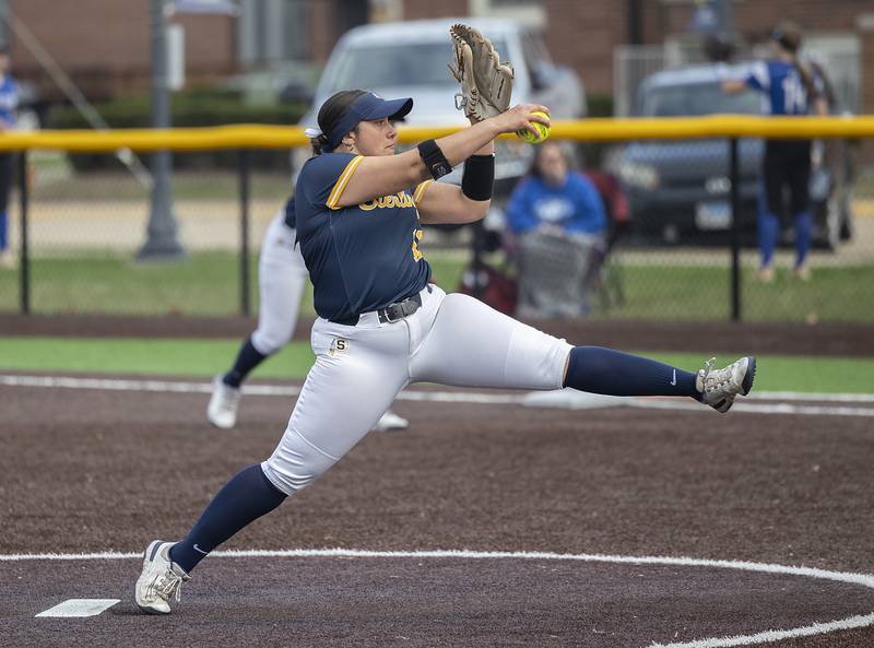 Sterling’s Lily Martinez winds up for a pitch against Quincy Tuesday, March 31, 2026.