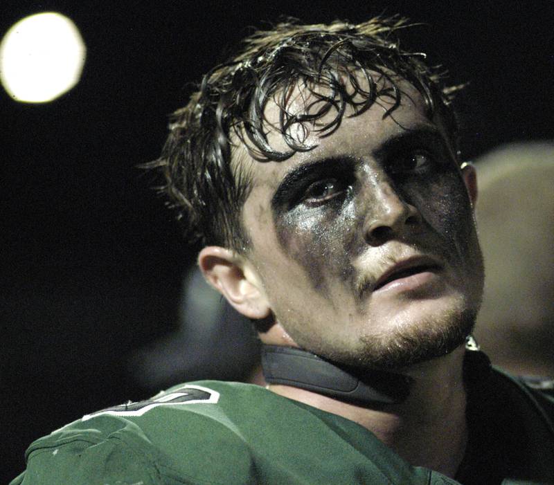 Rocket player Trail Stonitsch shows teh effects of the hard played game. The Grey Ghosts of Illinois Valley Central traveled to Hinders Field in Rock Falls on Friday, October 10, 2025 to take on the Rockets.