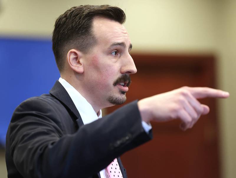 Special prosecutor Derek Dion delivers his opening statement Wednesday, Feb. 18, 2026, during Hamza Khatatbeh’s murder trial at the DeKalb County Courthouse in Sycamore. Khatatbeh, 17, is accused of fatally stabbing Sycamore 17-year-old Kaleb McCall in 2023.