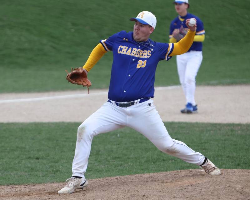 Aurora Christian's Kaleb Elwood delivers a pitch against Sandwich on Tuesday, April 1, 2025 in Sandwich.