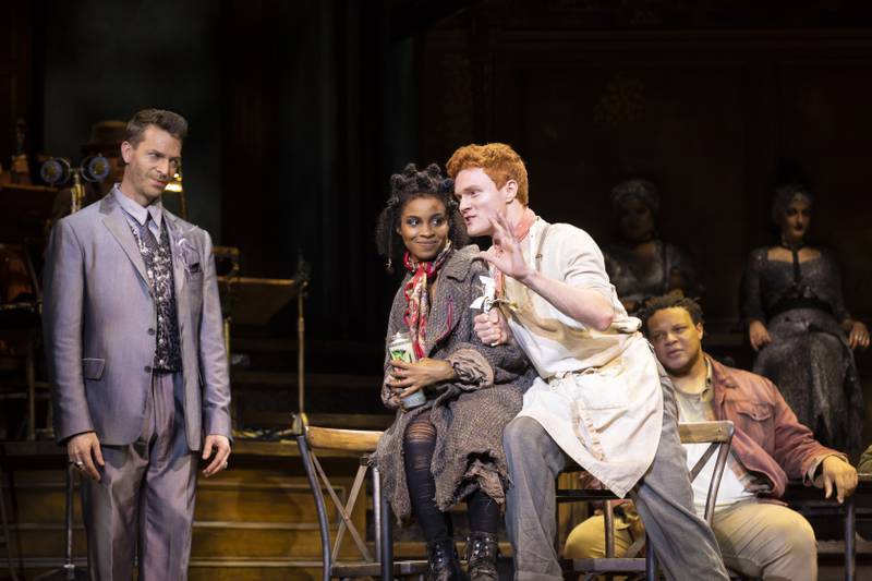 Levi Kreis (Hermes, from left), Morgan Siobhan Green (Eurydice) and Nicholas Barasch (Orpheus) star in Broadway in Chicago's touring production of "Hadestown," playing through March 13 at the CIBC Theatre in Chicago.