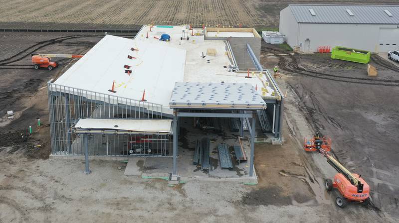 An aerial view of the Dr. Alfred E. Wisgoski Agricultural Education Center on Wednesday, April 1, 2026, at Illinois Valley Community College in Oglesby. Crews have begun construction on the exterior walls. The new facility is expected to redefine IVCC’s agriculture program, equipping the college to train and upskill agricultural workers, support the development of new technologies and promote sustainable practices.
Approximately $1.6 million has been pledged toward the agricultural center, and IVCC plans to launch a community donation program later this spring. The 10,250-square-foot building is slated for occupancy in 2027.
The project is supported by a $3.5 million grant from the U.S. Department of Economic Development Administration, a $240,000 grant from the Illinois Department of Commerce and Economic Opportunity and a $1 million gift from the Wisgoski family.