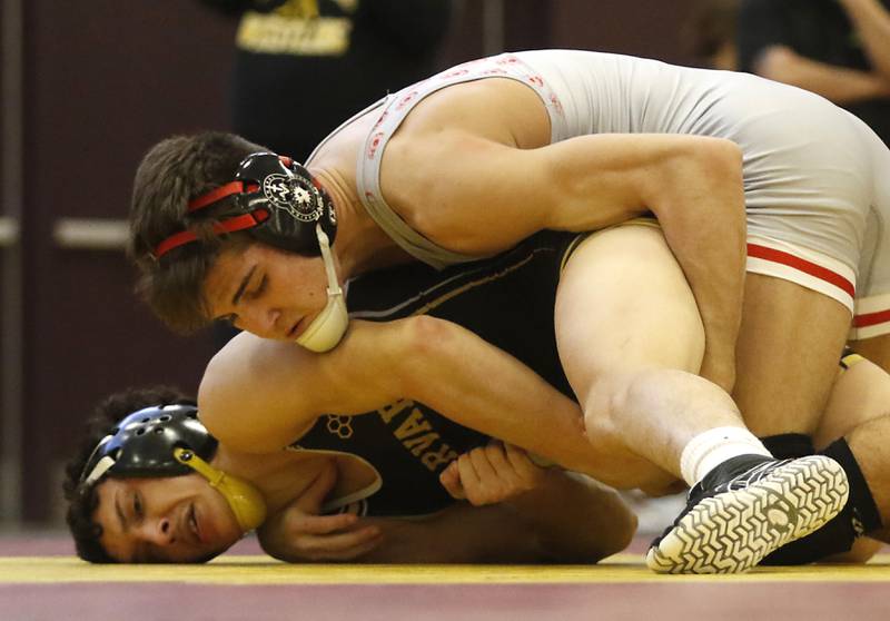 Harvard’s Riley Vest controls Marengo’s Hunter Smith their 220-pound championship wrestling match in the IHSA 1A Richmond-Burton Wrestling Regional Thursday, Jan. 19, 2023, at Richmond-Burton High School in Richmond.