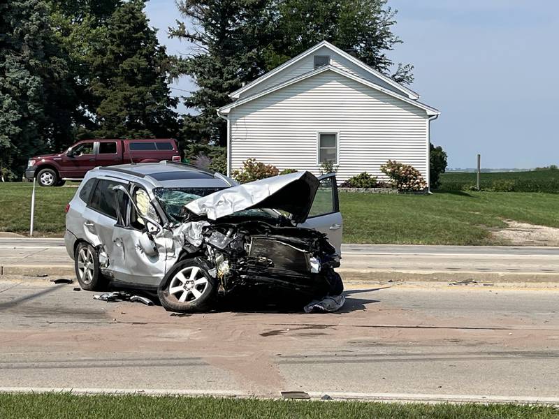 A smashed vehicle near the corner of Caton Farm Road and Ridge Road in Joliet on Saturday Aug. 16, 2025.
