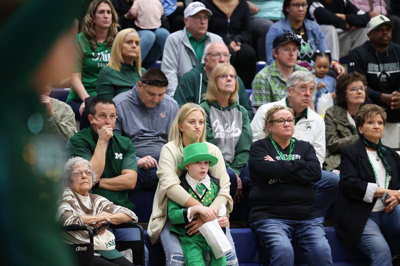 Bishop McNamara fans watch a free throw as the end of the fourth quarter nears during the Fightin' Irish's 77-70 loss to Tolono Unity in the IHSA Class 2A Pontiac Supersectional on Monday, March 9, 2026.