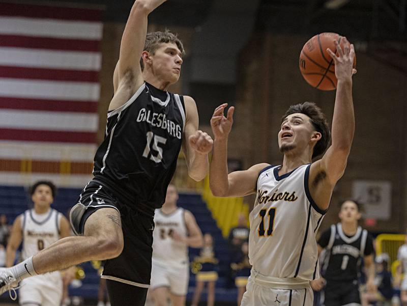 Sterling’s Nico Battaglia puts up a shot that was blocked by Galesburg’s Jace Keith Friday, Jan. 5, 2024 at Sterling High School.